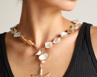 Colar de estrela do mar dourada, Colar de estrela do mar de praia, Colar de estrela do mar de concha, Colar de oceano, Colar de sereia, Colar tropical, Joias de praia
