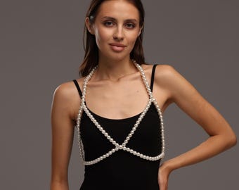 Pearl Bra Top, Pearl Bralette, Pearl Body Chain, Beaded Bralette, Festival Top, Beaded Bra Top, Rave BH, Pearl Körperschmuck, Schmuck Perlen Top