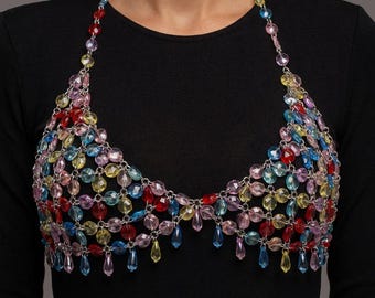 Colored Crystal Top, Crystal Bra Top, Beaded Crystal Top, Colorful Crystal Bra, Festival Top, Statement Crystal Top, Boho Crystal Bra