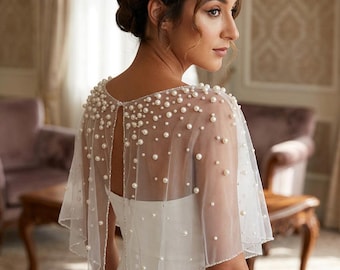 Pearl Bridal Shrug, Wedding Bolero, Pearl Capelet, Bridal Cover Up, Sheer Pearl Shawl, Wedding Dress Topper, Tulle Shrug, Tulle bolero
