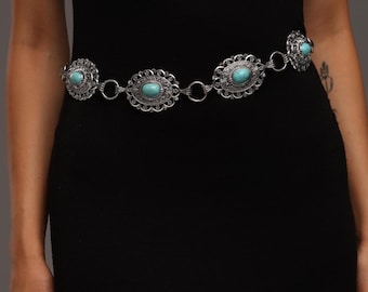 Silver Metal Chain Belt Turquoise Blue Coral Beads and  display picture 3