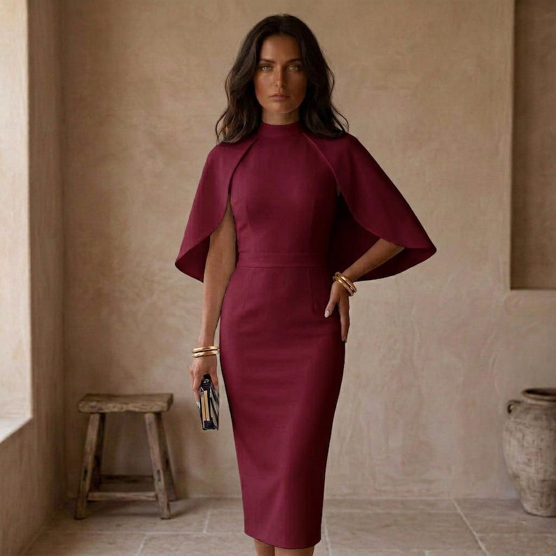 May include: A deep burgundy midi dress featuring a high neckline and an integrated cape-style overlay that drapes over the shoulders. The garment has a fitted bodice and a straight skirt silhouette, accessorized with gold-toned bangles and a small clutch.