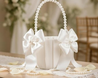 Satin Flower Girl Basket, Pearl Handle Basket, Wedding Flower Basket, White Wedding Basket, Bridal Shower Decor Basket, Petal basket