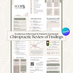 May include: A brochure for Lucid Wellness, detailing their philosophy, first visit information, and treatment goals. The document includes charts, diagrams, and text, with the phrase "Evidence Informed & Patient Centered Chiropractic Review of Findings" clearly visible.