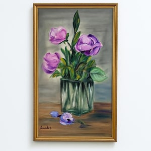 Floral Painting Floral Original Art, Purple Flower Bouquet in Vase – Original Oil Painting, Floral Wall Art, Handmade Floral Art