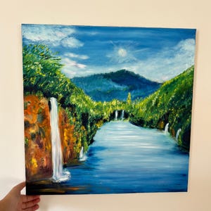Original Oil Painting of Scenic Waterfalls and River – Mountain Landscape Wall Art, Nature Inspired Artwork, Handmade Canvas Painting