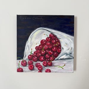 Handmade Cherry Life Oil Painting - Realistic Red Cherries on Canvas -Original Kitchen Wall Art Food Painting - Modern Farmhouse Fruit Decor