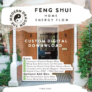 May include: A digital download advertisement for Feng Shui home energy flow. The image shows a brick home with text overlayed. The text includes "The Modern Dragon" logo, "Feng Shui Home Energy Flow", and "Custom Digital Download". Core features and optional add-ons are listed.