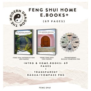 以下が含まれることがあります： 風水eBookの広告。画像には、風景写真が写った2冊の本の表紙、コンパスのグラフィック、そして「FENG SHUI HOME E.BOOKS+」というテキストが表示されています。本は「FENG SHUI INTRODUCTION」と「HOME FENG SHUI」というタイトルです。総ページ数は69ページです。