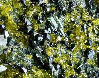 May include: Close-up of a mineral specimen featuring a cluster of vibrant, yellow-green crystals. Dark, angular, black crystals are interspersed throughout the cluster. The crystals have a reflective, glassy appearance, with a natural, organic texture.