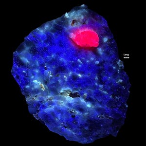 Könnte beinhalten: Nahaufnahme einer Gesteinsformation mit leuchtenden Blau- und Rosatönen. Der Felsen hat eine strukturierte Oberfläche mit einem leuchtend rosa Bereich und einer tiefblauen Basis. Die Worte "Long wave" sind sichtbar.