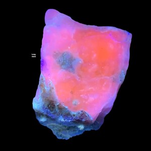 May include: A glowing, irregular-shaped mineral specimen with a vibrant color palette. The stone exhibits a blend of pink, orange, and blue hues, with the text "Long wave" visible. The background is black.