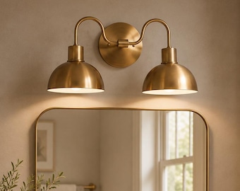 Double Brass Vanity Light Wall Lamp – Minimalist Dome Sconce, Vintage Brass Bathroom Light, Modern Mirror Light