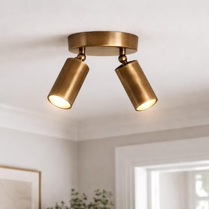 Pode incluir: Um foco de teto de cor latão com duas luzes cilíndricas ajustáveis. As luzes estão anguladas para baixo, emitindo um brilho quente. A luminária é montada em uma base circular, adequada para iluminação interior.