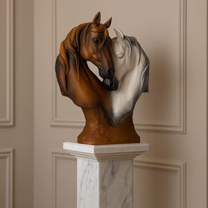 Decorative Horse Bust Sculpture, Elegant Equestrian Home Decor, Brown & White Horse Head Statue for Rustic or Modern Interiors, Horse Decor.