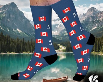 May include: Blue socks with a pattern of Canadian flags and white stars. The socks have black heels and toes. The background shows a lake, mountains, and a small boat.