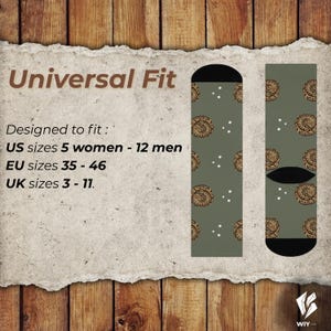 May include: Olive green socks featuring a repeating pattern of brown circular designs and white dots. The socks have black heels and toes. Text on the image reads "Universal Fit" and "US sizes 5 women - 12 men, EU sizes 35-46, UK sizes 3-11."