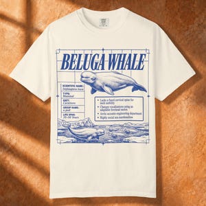 May include: An off-white short-sleeve t-shirt featuring a blue graphic print of a Beluga whale. The design includes scientific facts, a grid background, and illustrations of whales in an arctic environment with text detailing species information.
