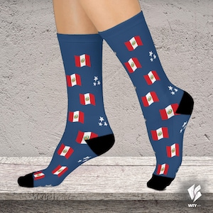 May include: Blue socks with a pattern of Peruvian flags and white stars. The socks have black heels and toes. The Peruvian flag features red and white stripes with a coat of arms.