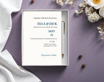 Elegante Blaue Blumenhochzeits-Einladungs-Vorlage | Bearbeitbare Canva Suit (Digitaler Download)