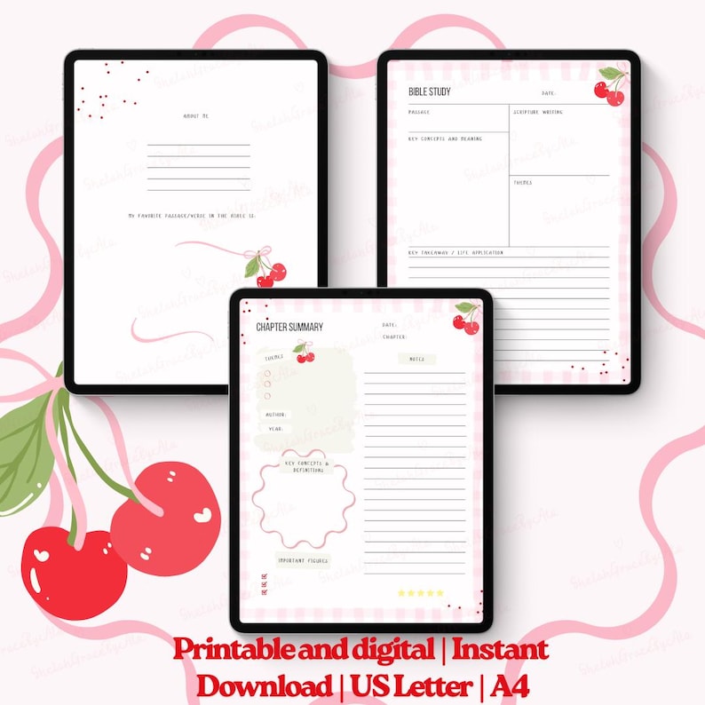 May include: Three digital Bible study templates on tablets, featuring a pink and white checkered border and cherry illustrations. The text includes "Chapter Summary" and "Bible Study" headings. The bottom of the image reads "Printable and digital | Instant Download | US Letter | A4".