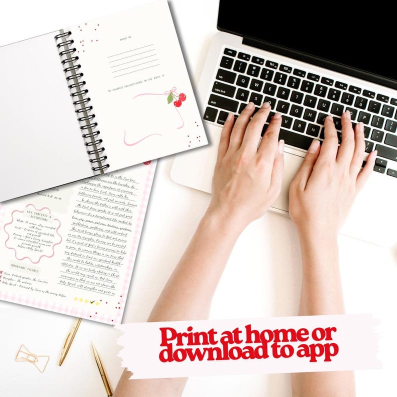 May include: A white spiral-bound notebook with cherry illustrations and lined pages is open on a white surface. A laptop with hands typing on the keyboard is in the background. The text "Print at home or download to app" is at the bottom.