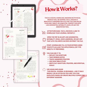 May include: Digital journal with a pink and white cherry theme. The image shows a tablet and printed pages with handwritten notes. Text on the image says "How it Works?" and lists features like scripture reflection and prayer tracking.