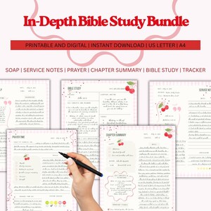 May include: A bundle of printable and digital Bible study pages. The pages include SOAP notes, service notes, prayer, chapter summary, Bible study, and tracker pages. The pages are light pink with cherry illustrations and text that reads "In-Depth Bible Study Bundle".