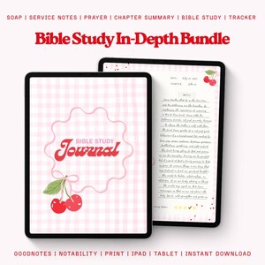 May include: A digital Bible study bundle displayed on two tablets. The cover of the journal features a pink gingham pattern, a red cherry illustration, and the words "Bible Study Journal." The second tablet shows handwritten notes.