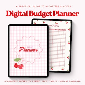 May include: Two digital tablets displaying a budget planner. One tablet shows a pink gingham pattern with a cherry design and the word "Planner". The other tablet shows an expense tracker with cherry accents. Text at the top reads "Digital Budget Planner".
