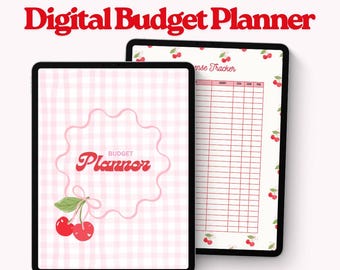 May include: Two digital tablets displaying a budget planner. One tablet shows a pink gingham pattern with a cherry design and the word "Planner". The other tablet shows an expense tracker with cherry accents. Text at the top reads "Digital Budget Planner".