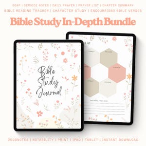 May include: A digital Bible Study In-Depth Bundle displayed on two tablets. The tablets feature floral designs and the text "Bible Study Journal." One tablet shows a hexagon-shaped chart. The bundle includes SOAP notes, prayer lists, and more.