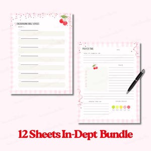 May include: Two-page planner bundle with a pink gingham border. One page features lines for encouraging Bible verses, the other for prayer time. Both pages have cherry illustrations. A black pen rests on the right page. Text at the bottom reads "12 Sheets In-Dept Bundle."