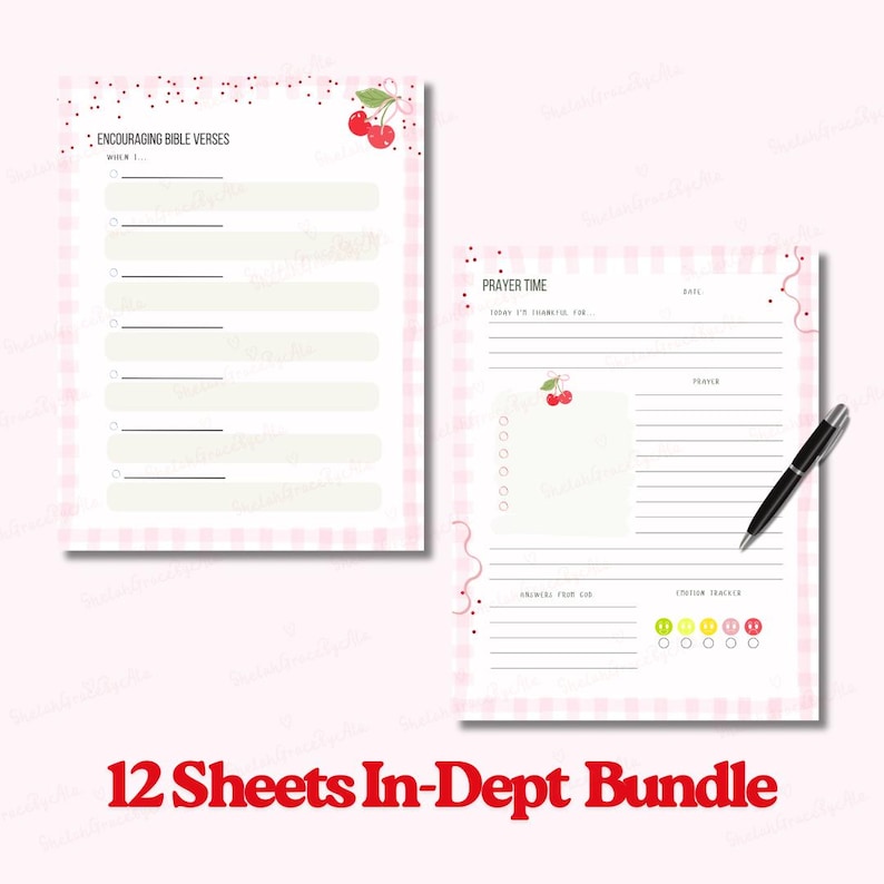 May include: Two-page planner bundle with a pink gingham border. One page features lines for encouraging Bible verses, the other for prayer time. Both pages have cherry illustrations. A black pen rests on the right page. Text at the bottom reads "12 Sheets In-Dept Bundle."