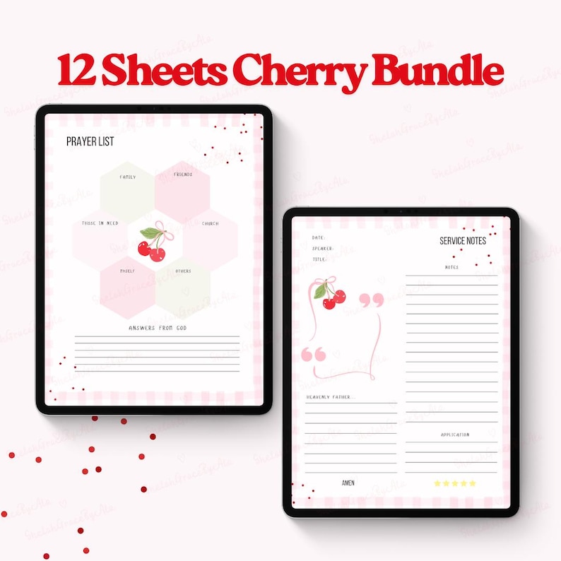 May include: Two digital tablets displaying printable planner pages. The left tablet shows a prayer list with hexagonal sections and a cherry illustration. The right tablet features service notes with a cherry design and text. The title reads "12 Sheets Cherry Bundle."