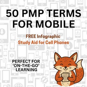 Puede incluir: Infografía con el texto "50 PMP TERMS FOR MOBILE" y "FREE Infographic Study Aid for Cell Phones". Un zorro de dibujos animados sostiene papeles. El fondo presenta un patrón de iconos de teléfonos móviles. También está presente el texto "PERFECT FOR 'ON-THE-GO' LEARNING".
