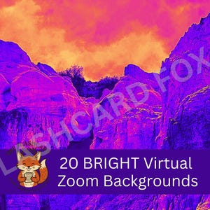Puede incluir: Imagen digital de una cordillera púrpura bajo un cielo rosa y naranja. Una pancarta en la parte inferior muestra el texto "20 BRIGHT Virtual Zoom Backgrounds" con un logotipo de zorro.
