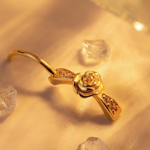 14K Solid Gold Rose Belly Ring – Floral Navel Piercing, Dainty Belly Button Hoop, Real Gold Body Jewelry, Gift For Her, Birthday Gift
