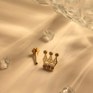14k Solid Gold Crown Piercing – Royal Gold Helix, Tragus, Conch, Cartilage Earring – Minimalist CZ Crown Stud Luxury Jewelry - Birthday Gift
