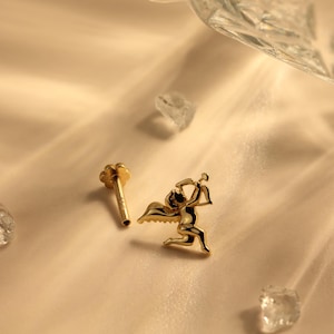 14k Solid Gold Angel Piercing – Cartilage Earring for Helix, Tragus & Conch – Minimalist Hypoallergenic Jewelry - Anniversary Gift