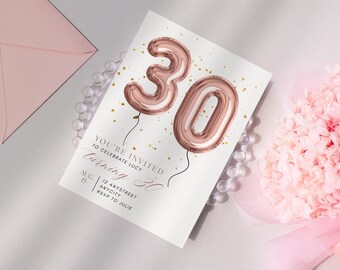 Rose Gold 30th Birthday Invitation: Balloons, Dinner Party (Digital Download)
