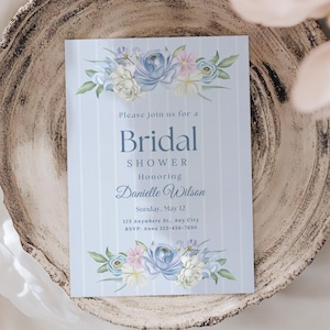 Blue Floral Bridal Shower Invitation Template, Editable in Canva, Blue Printable Invitation, Wedding Shower Invite, Digital Download, 012
