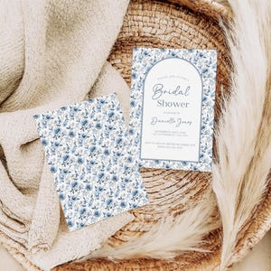 Blue and White Toile Floral Bridal Shower Invitation Template, Editable in Canva, Blue Printable Invitation, Wedding Shower Invite, 017