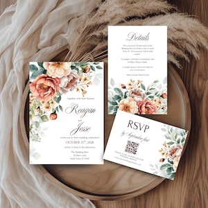 Fall Floral Wedding Invitation Template, Editable in Canva, Autumn Flowers Printable Invitation, RSVP & Details Card, Digital Download, 025