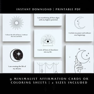 Minimalist New Moon Affirmationskarten 9er Set | Sofortiger digitaler Download zum Ausdrucken