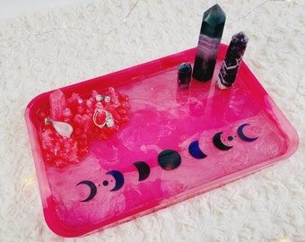 Raw Crystal Acrylic Jewelry Tray with Moon Phases + Home Decor Statement Piece