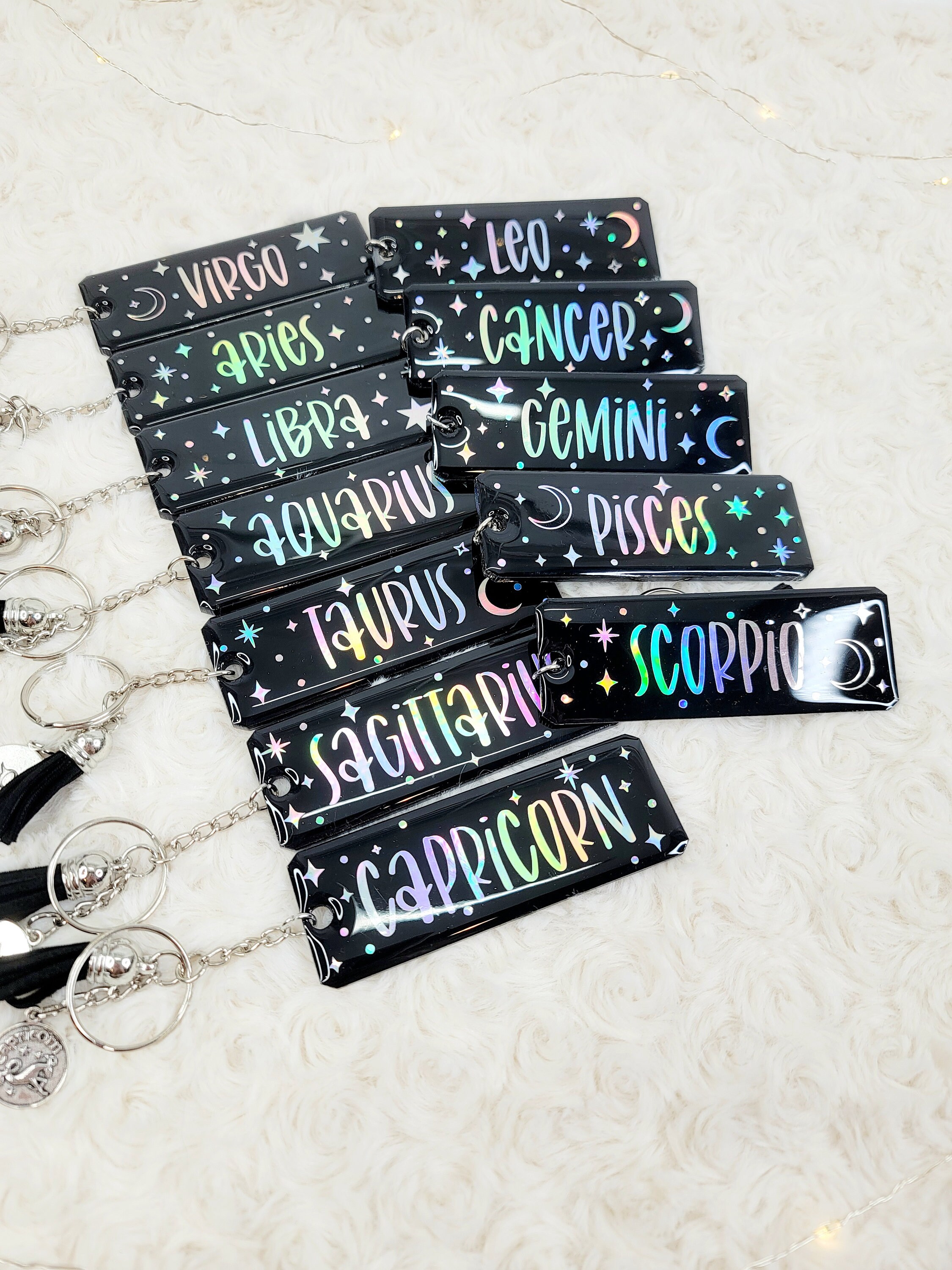 Holographic Zodiac Acrylic Keychain W/ Matching Charm and Tassel - Etsy