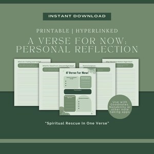 Op de afbeelding: Een digitale download met de titel "A Verse for Now: Personal Reflection". De afdrukbare, hypergekoppelde pagina's bevatten prompts voor zelfreflectie, thema-schrift en notities. Het ontwerp is in groentinten met de tekst "Spiritual Rescue In One Verse."