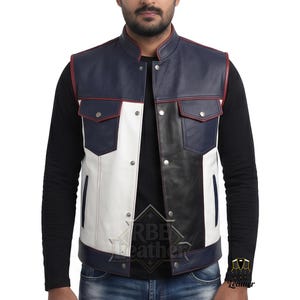 Men Navy Blue White Patchwork Waistcoat Tricolor Motorcycle Biker Gilet with Red Piping Custom Cosplay Vest