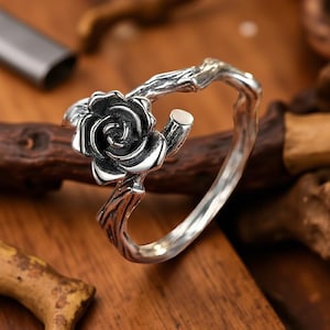 Adjustable Silver Rose Ring | Romantic Floral Jewelry for Women | Vintage Style Open Band Ring | Gift for Her